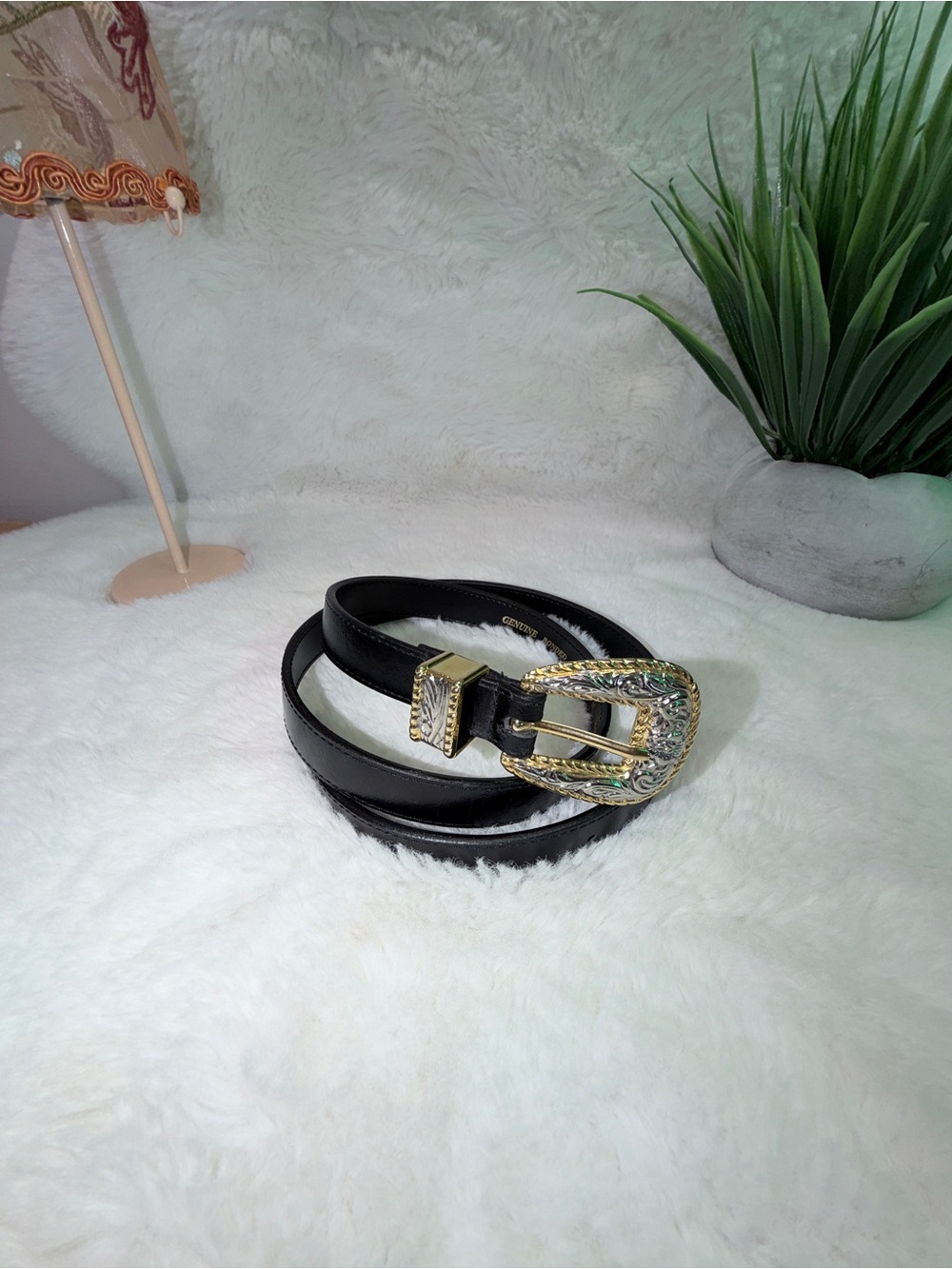 Black Leather Belt with Decorative Cowgirl Style Gold Buckle Women Accessories 🔥